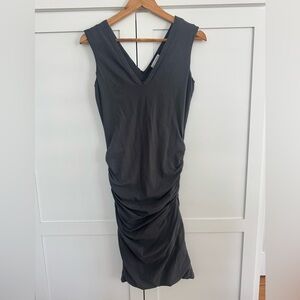 James Perse Charcoal V-Neck Ruched Midi Dress Medium